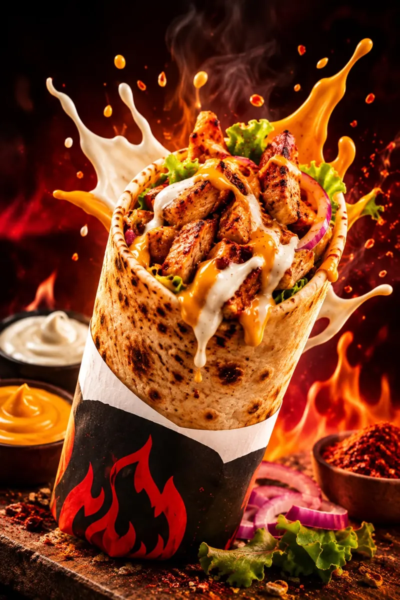 Shawarma rotisserie flame at the Burn The Cravings counter